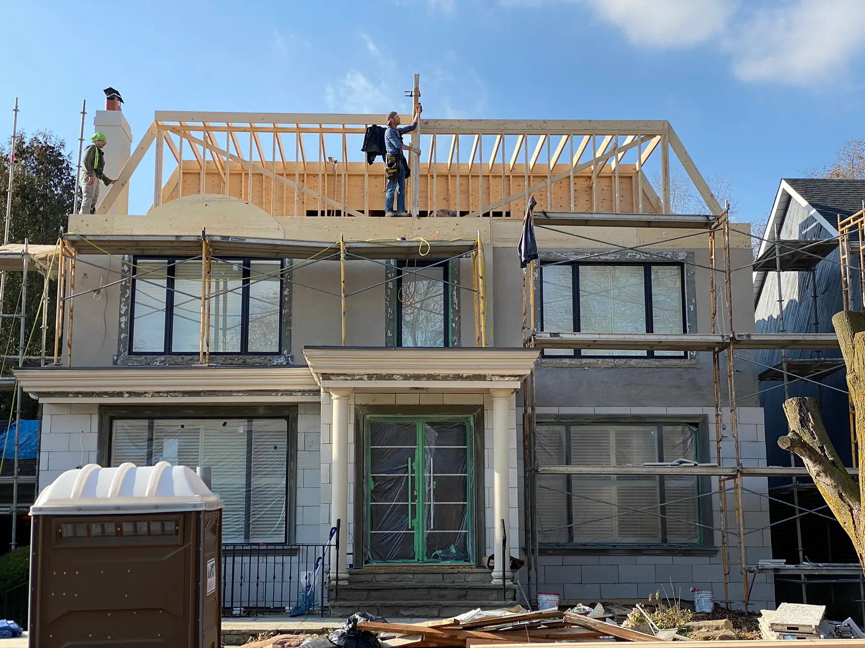 Roof framing on a three-storey house