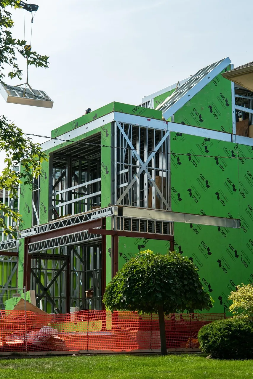 Steel frame wrapped in sheathing