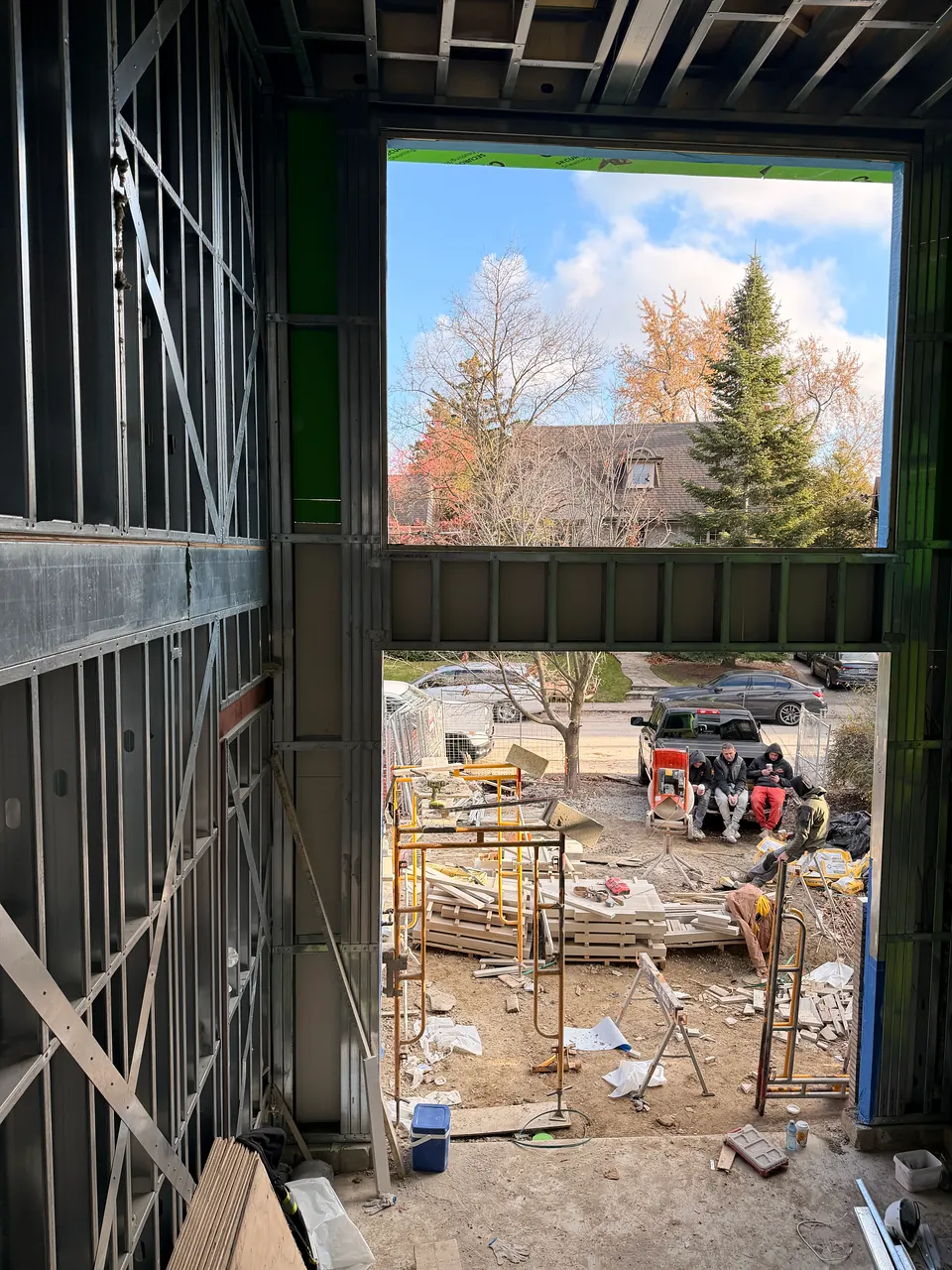 Inside the steel frame