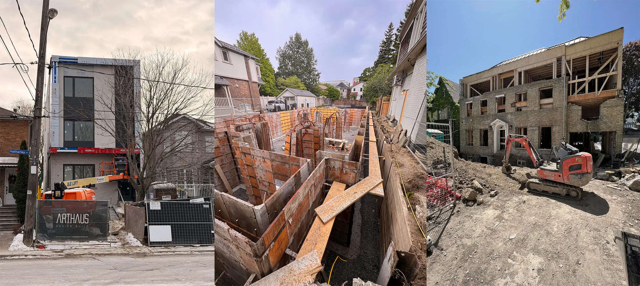 Three Arthaus sites: a modern infill 4-plex, foundation formwork and a brick house being rebuilt