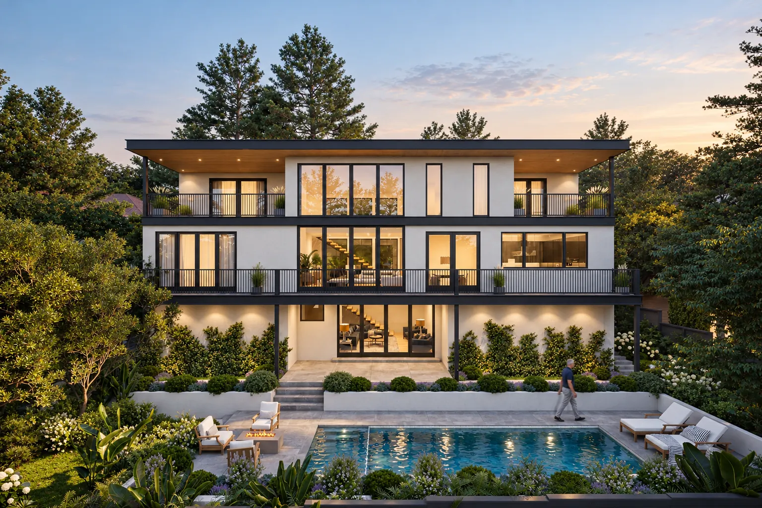 Modern residence and pool at twilight