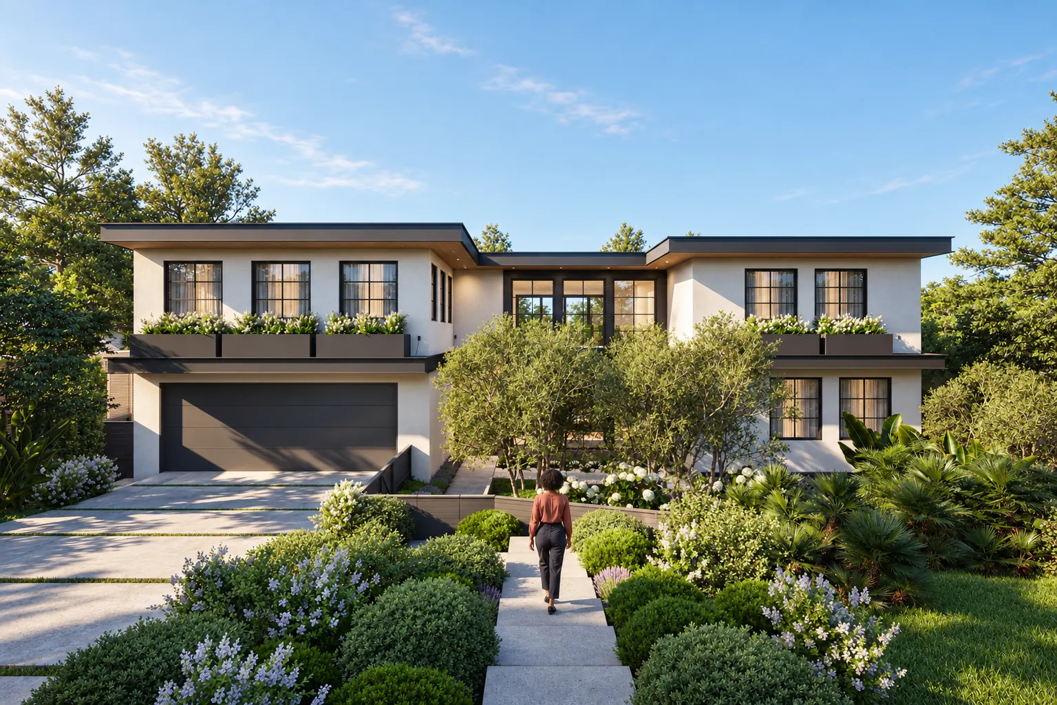 Modern residence behind a planted forecourt