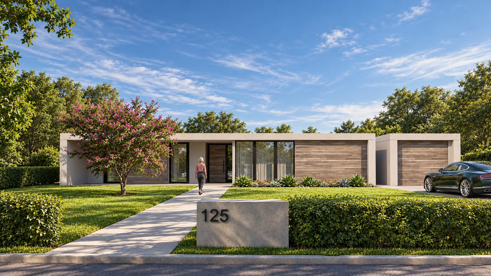 Low modern residence with a long lawn