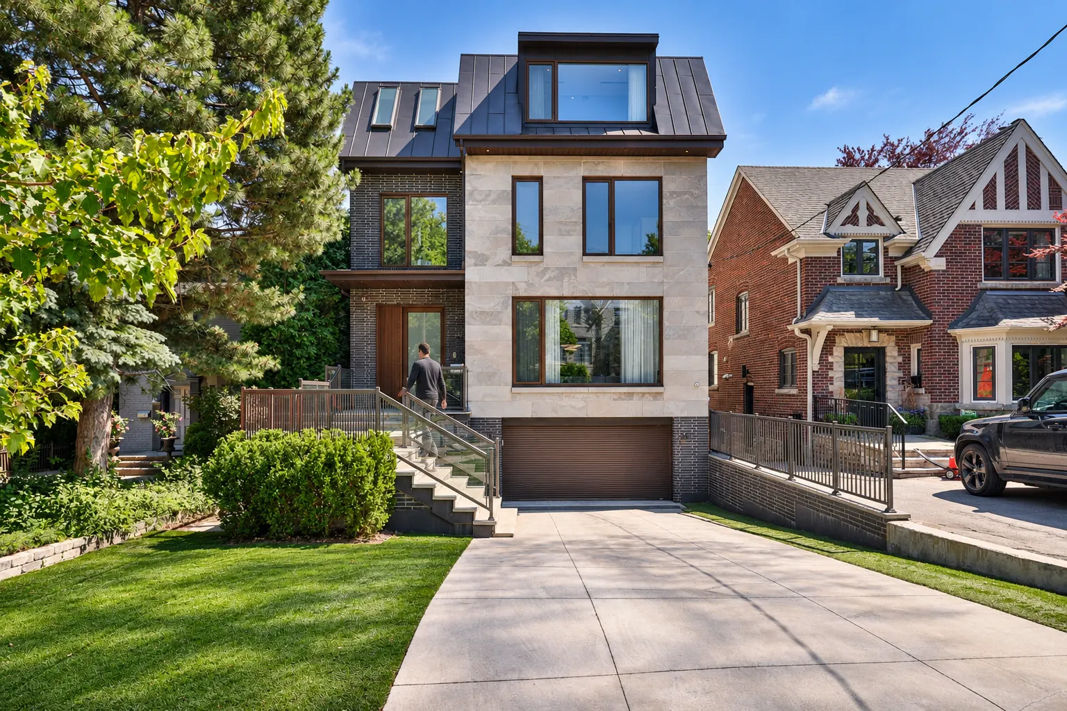 Stone and brick house with a glass stair