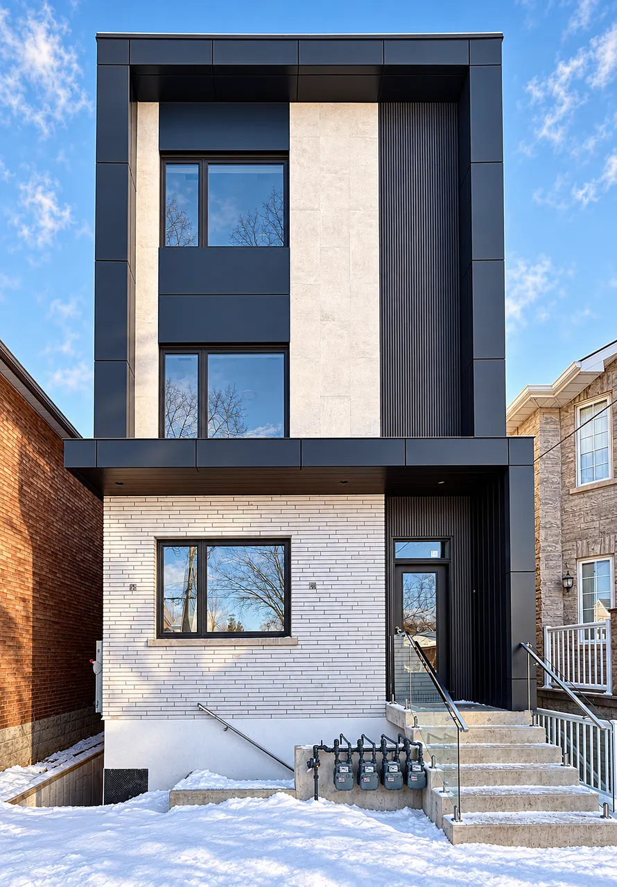Narrow infill house in winter