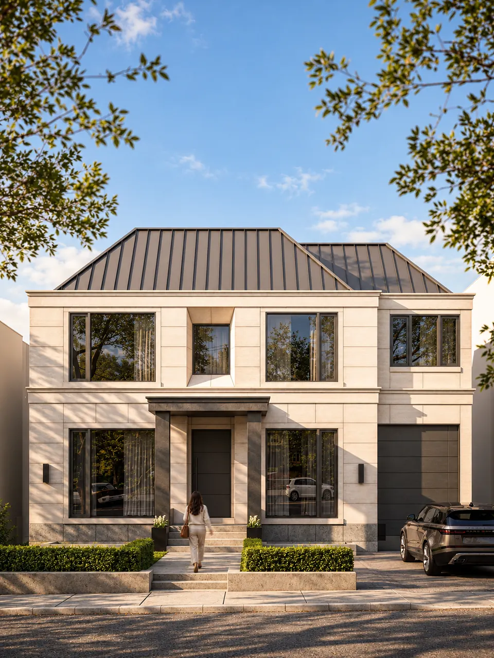 Limestone house with a standing-seam roof