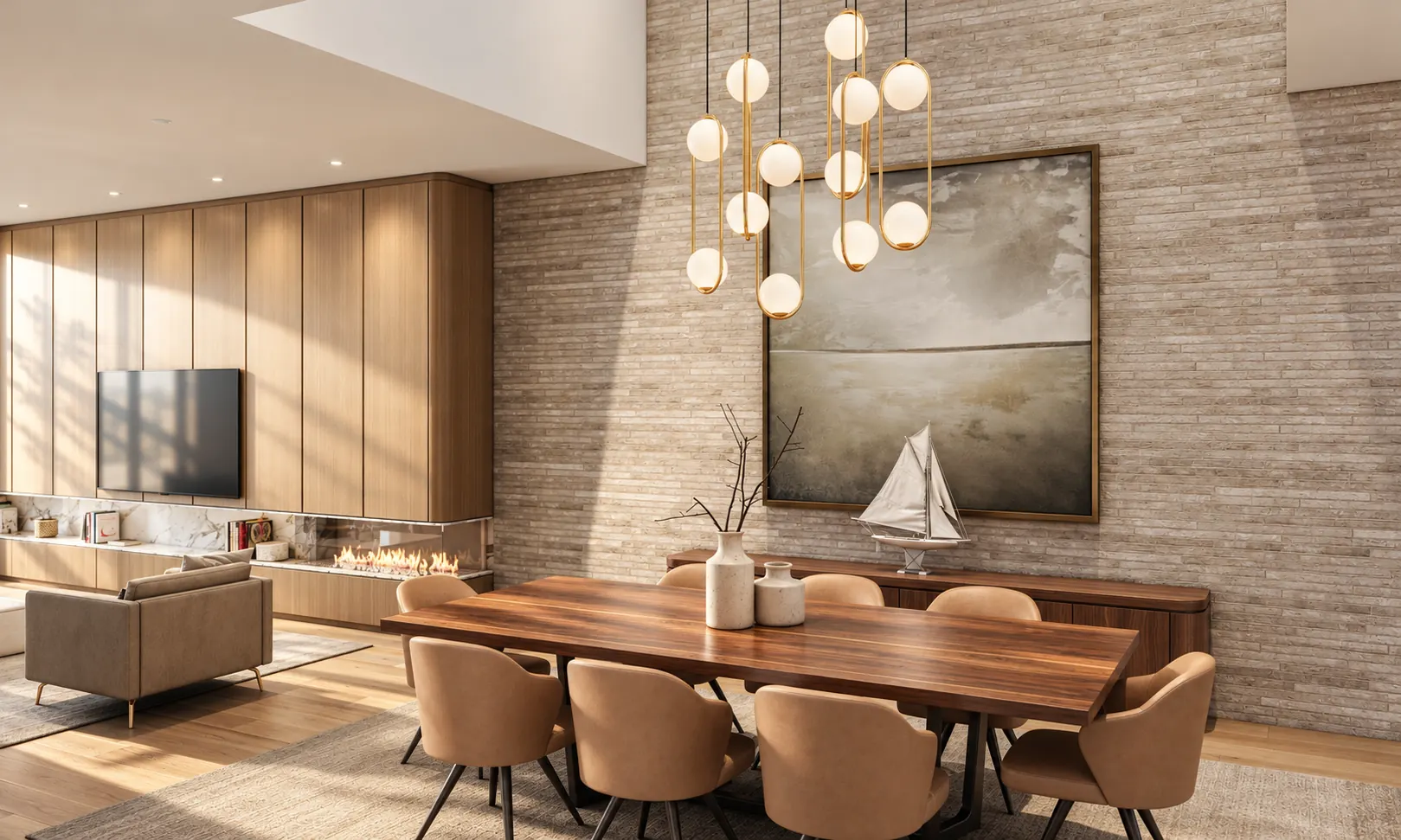 Dining room with oak panelling and a stone feature wall
