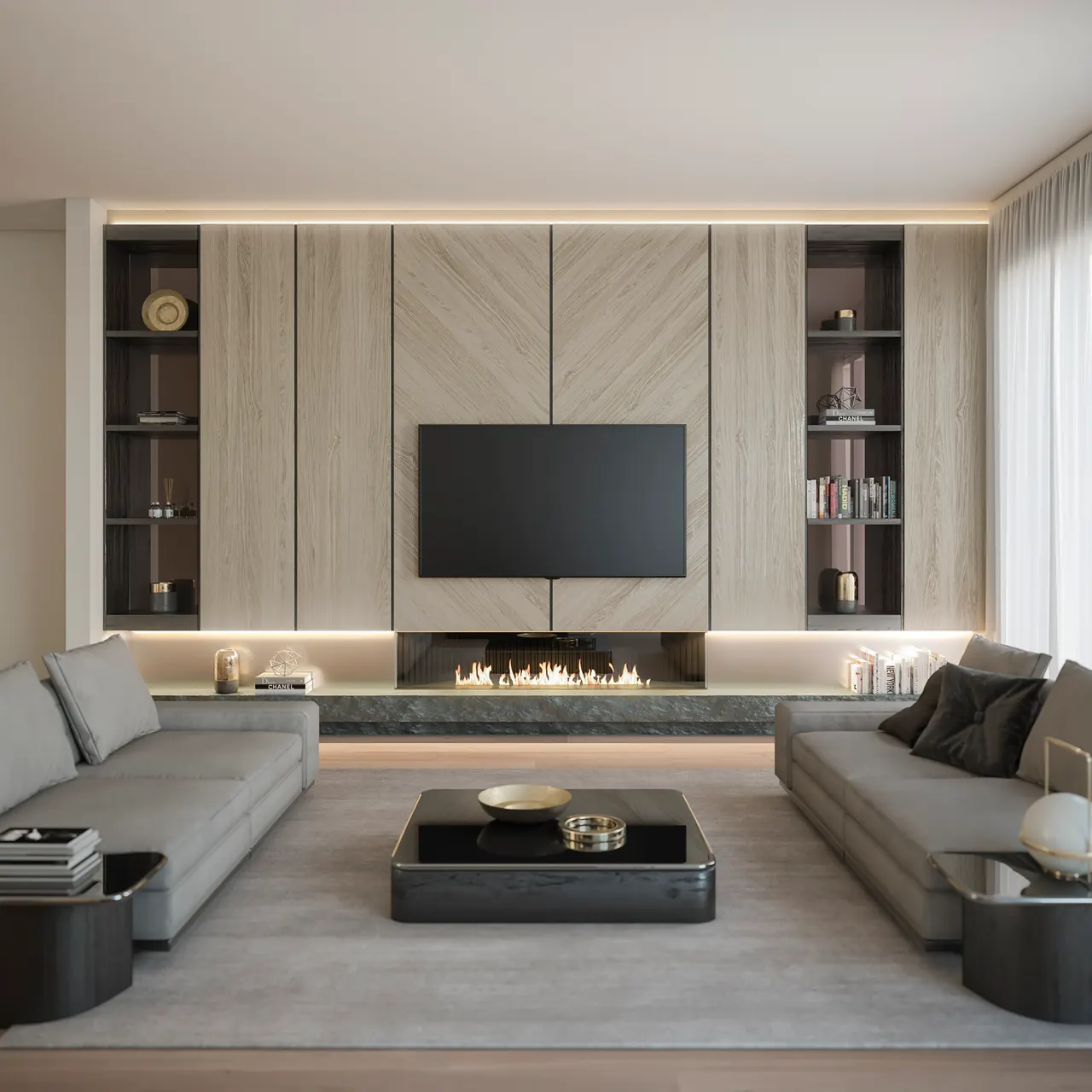 Living room with a linear fireplace wall