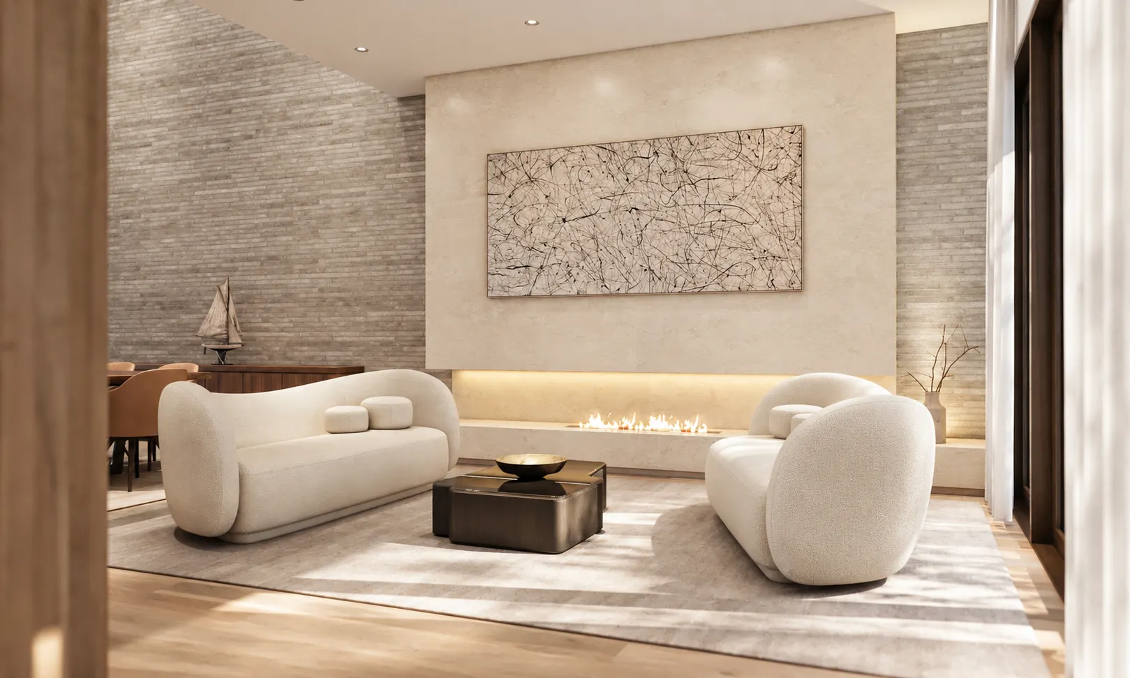 Sitting room with twin ivory sofas