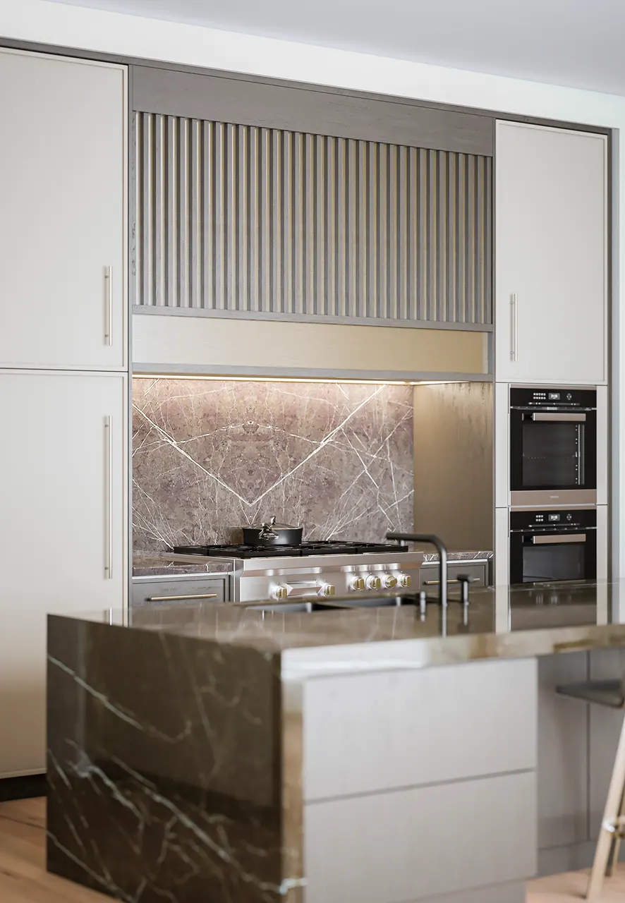 Kitchen with a dark stone island