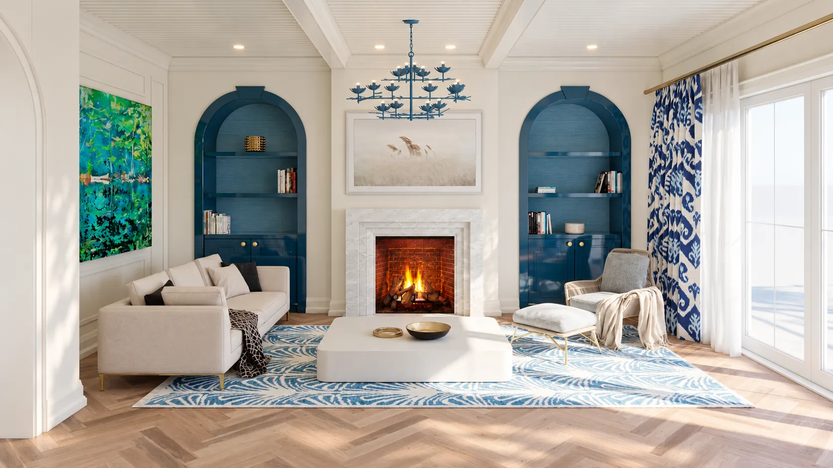 Drawing room with blue arched niches