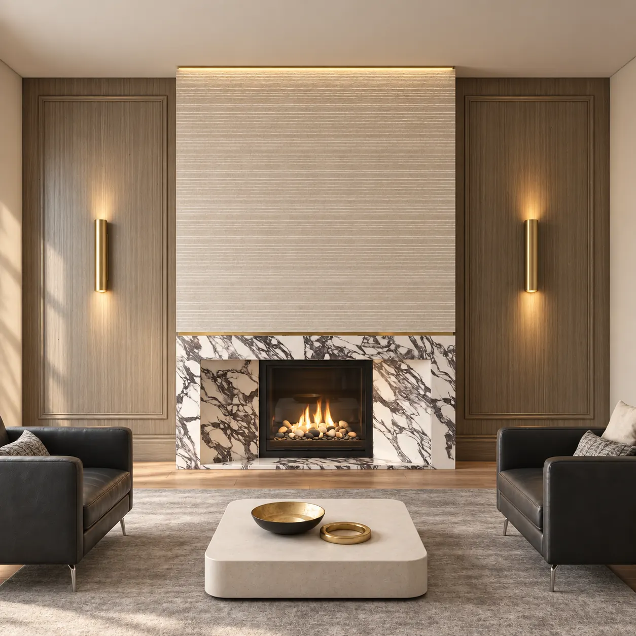 Fireplace lounge in stone and oak
