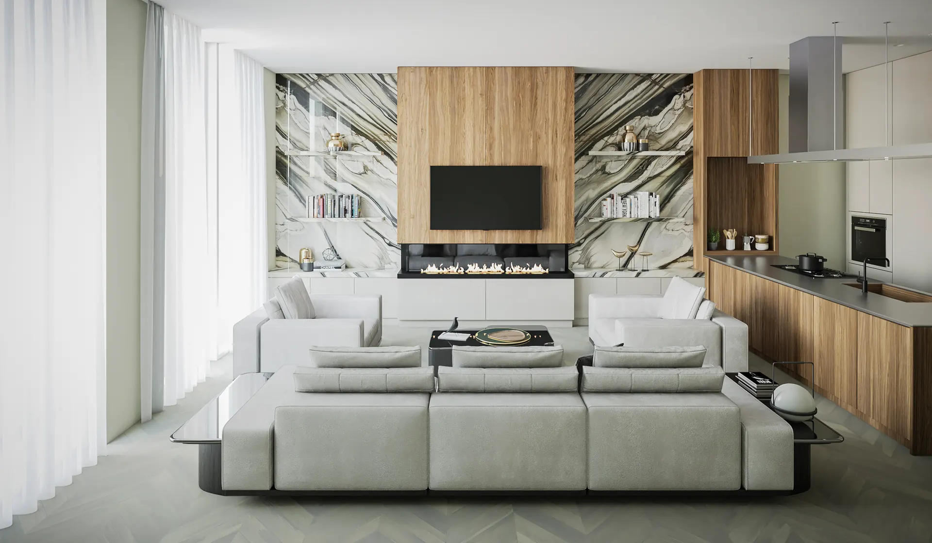 Living room with a book-matched marble wall