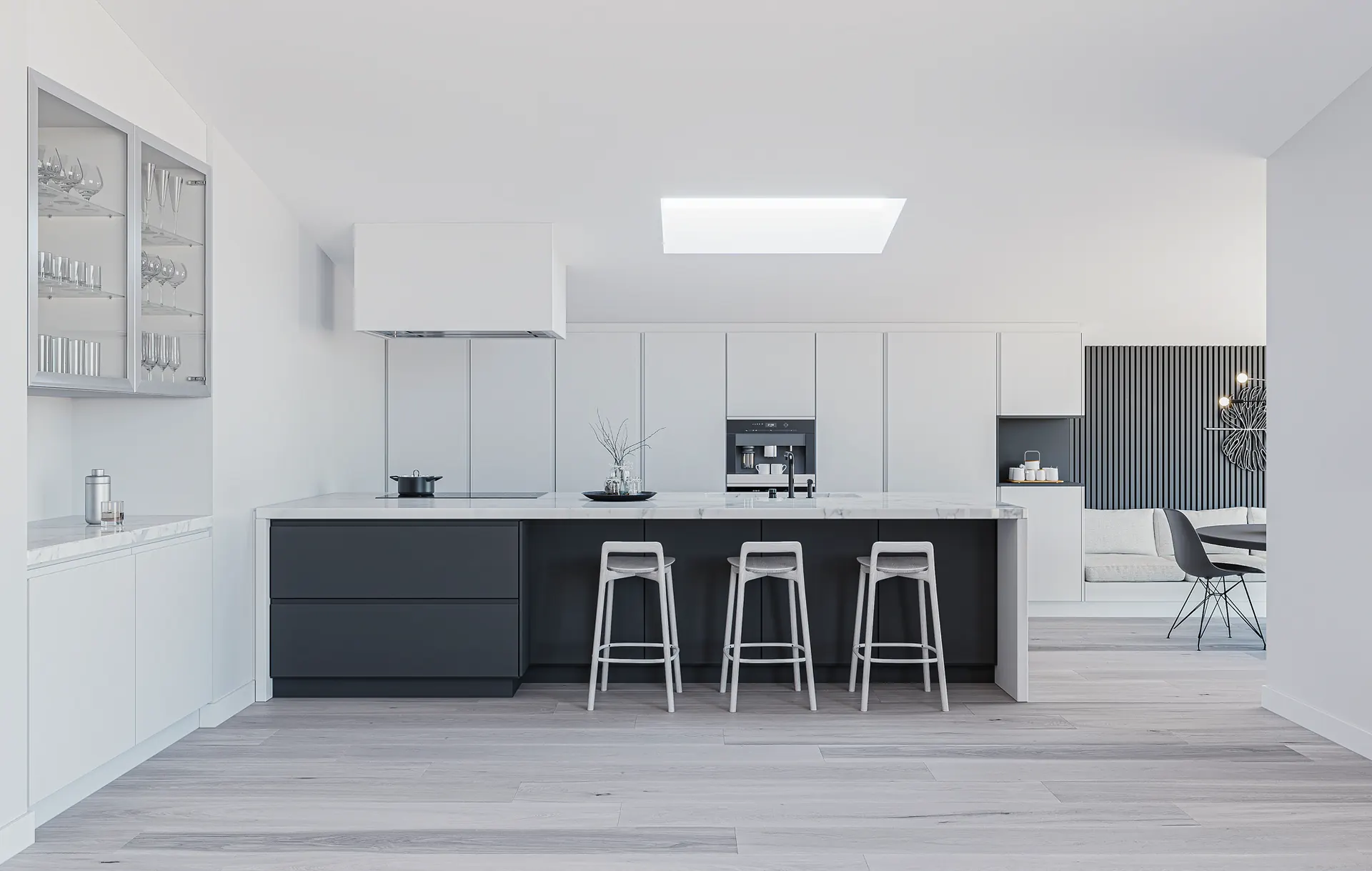 White kitchen under a skylight