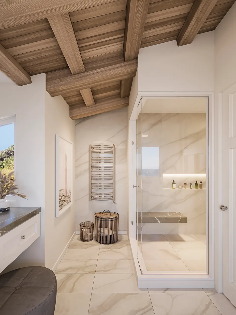 Bathroom under a timber ceiling