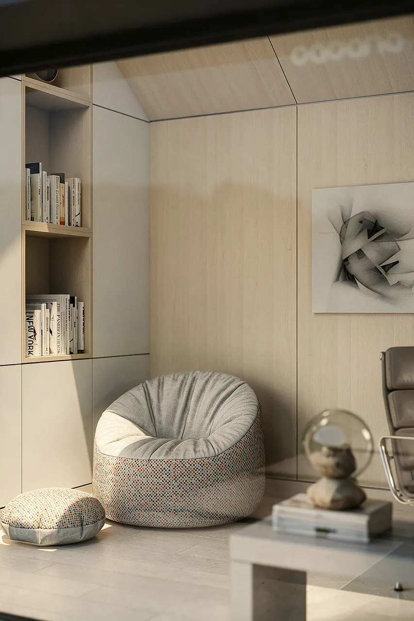 Reading corner with built-in shelving