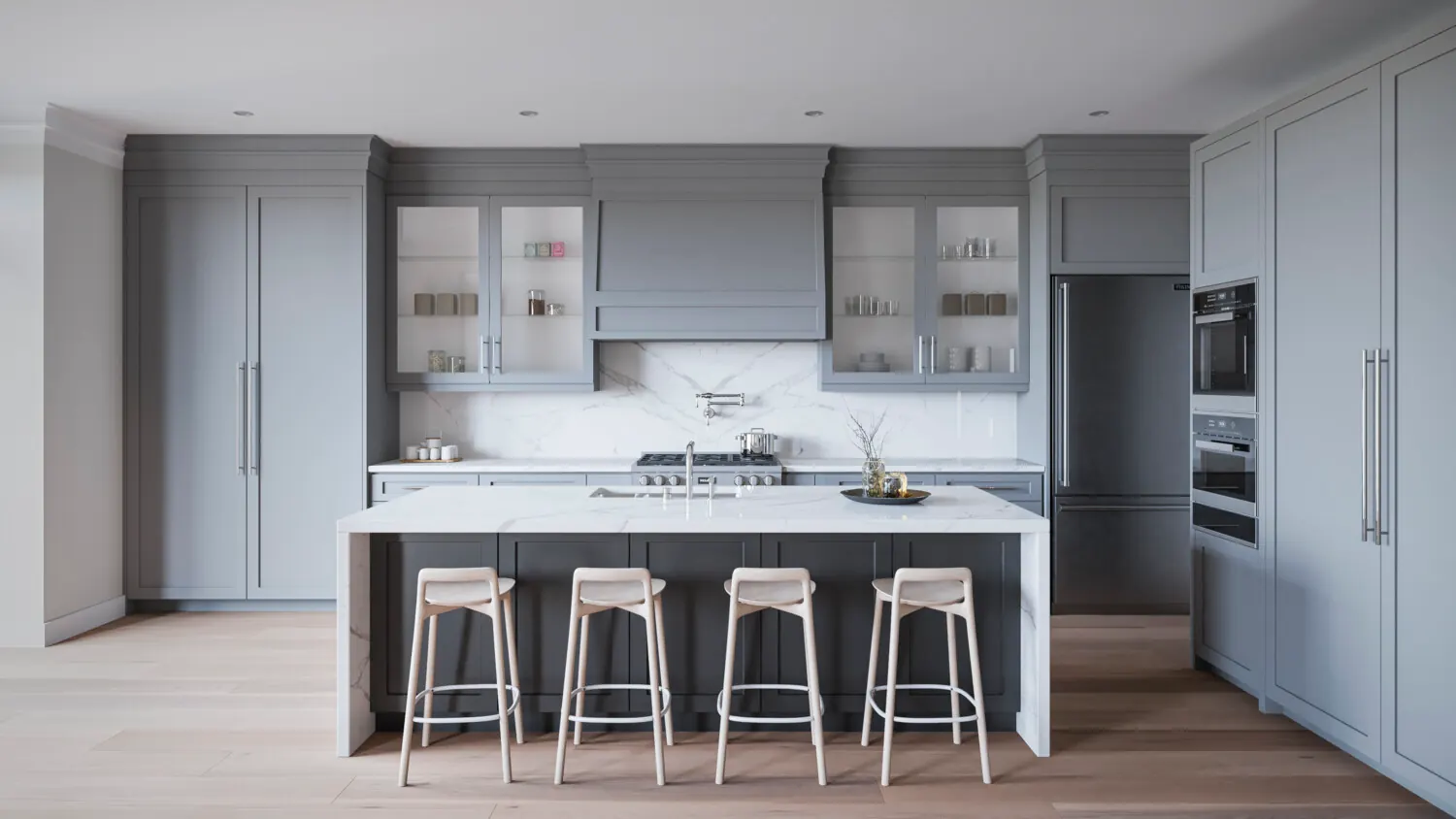 Kitchen in soft grey lacquer