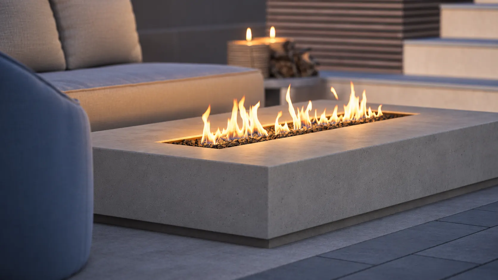 Terrace fire table at dusk