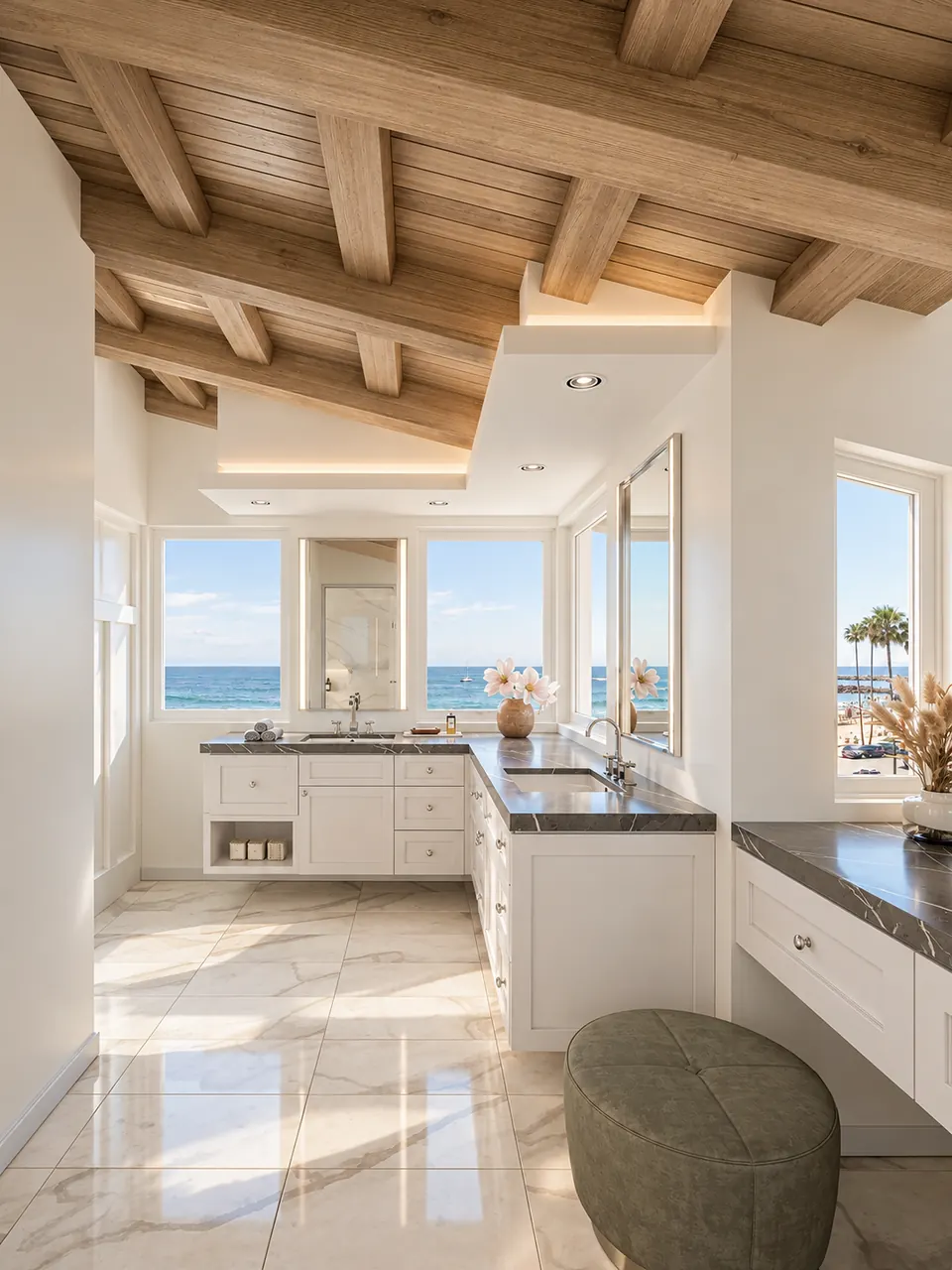 Bathroom with a timber ceiling and sea view