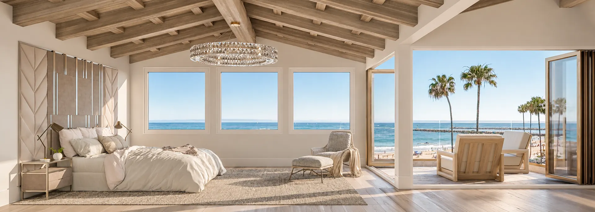 Bedroom under a beamed ceiling
