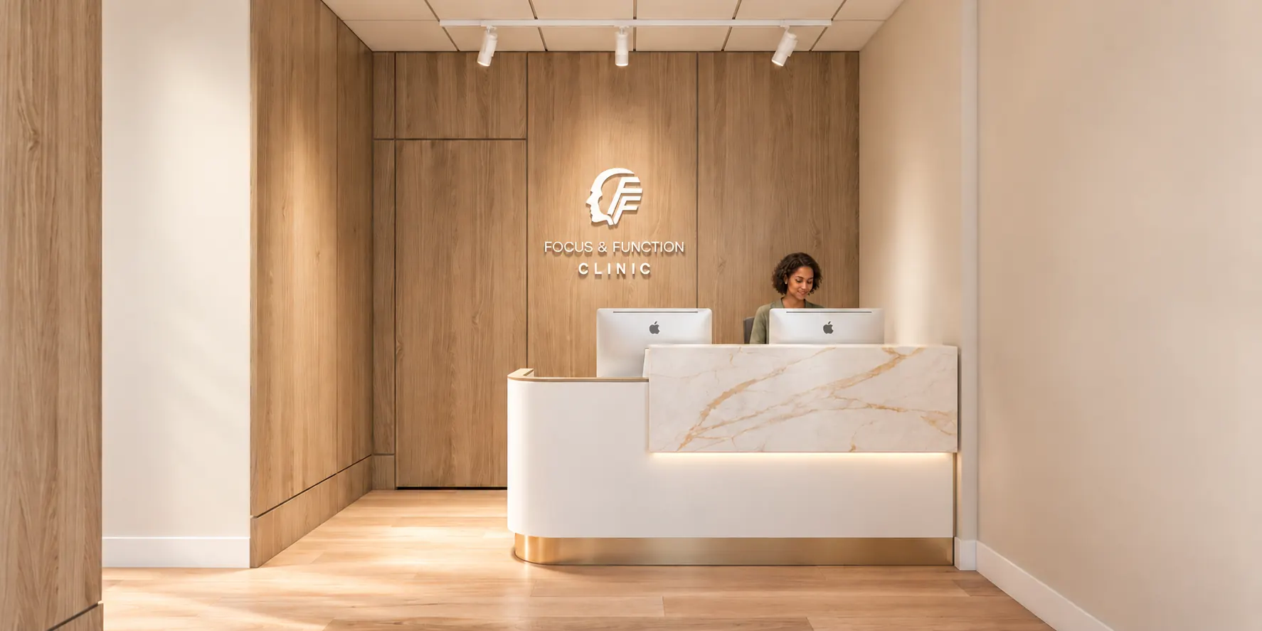 Clinic reception in oak and stone