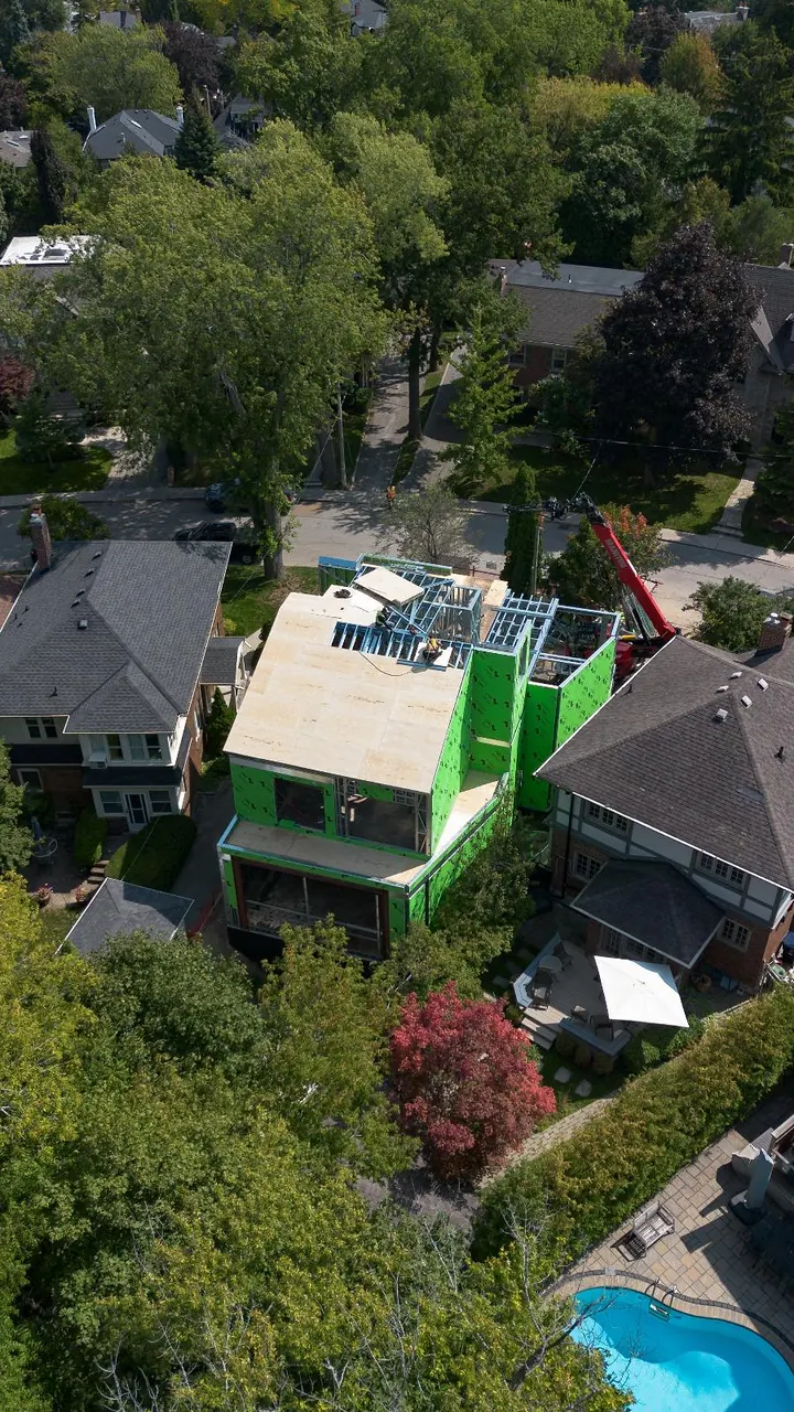 Aerial view of a lot under construction