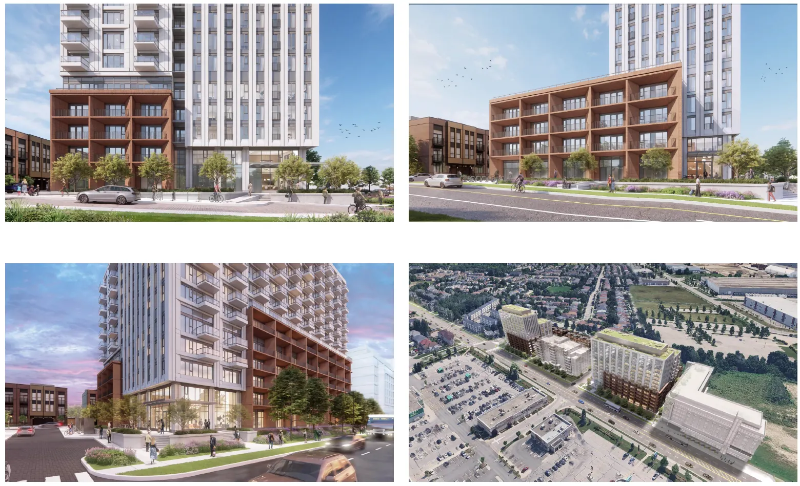Four views of a tower and mid-rise development