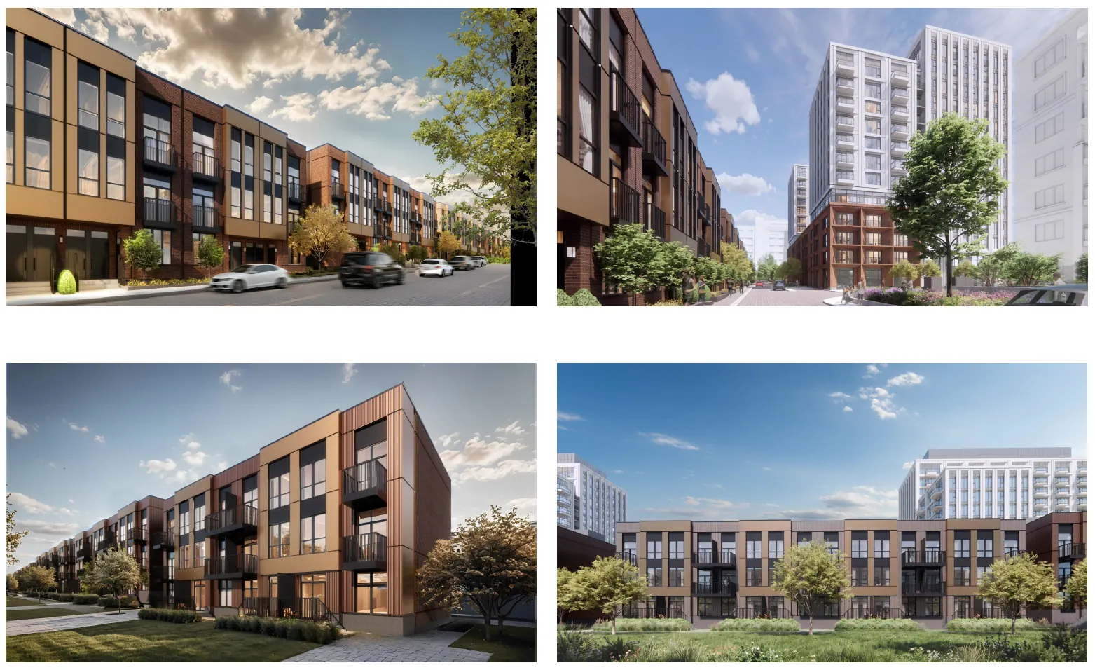 Four views of a stacked townhouse development