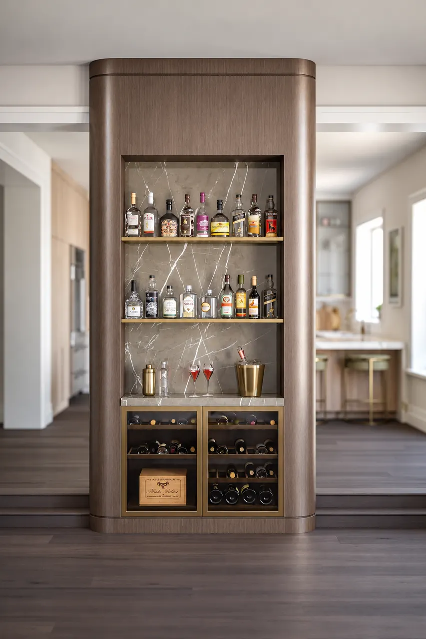 Wenge bar with lit wine display