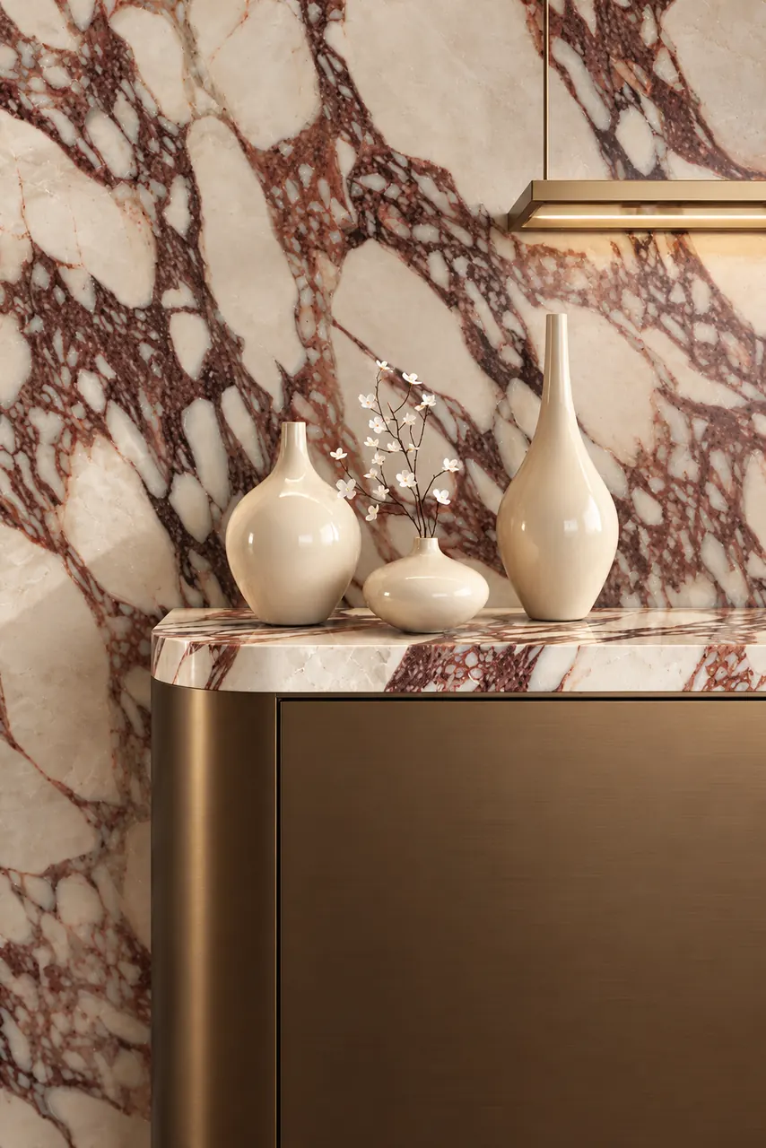 Bronze credenza against viola marble