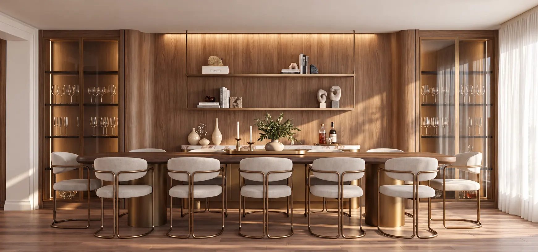 Dining room lined in walnut shelving
