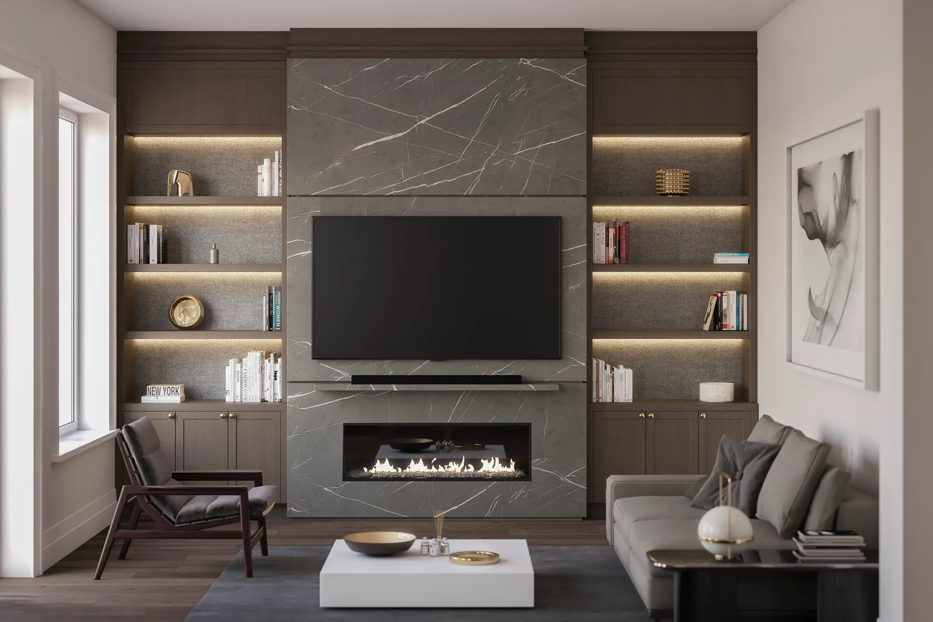 Stone and oak media wall with display shelving