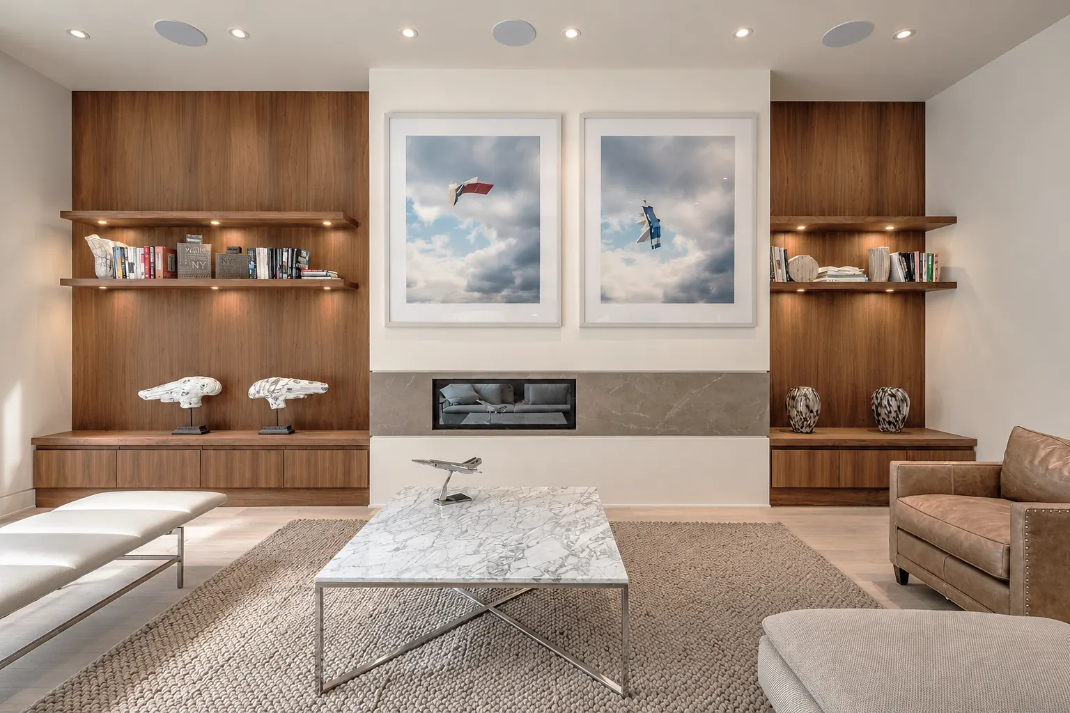 Living room with walnut built-ins